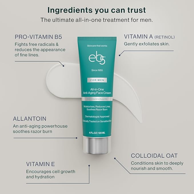 eb5 Men’s All-in-one Anti-Aging Face Cream | Formulated with Retinol, Vitamins E, B5, and A to Moisturize, Reduce Lines and Soothe Razor Burn - 4 Fl Oz