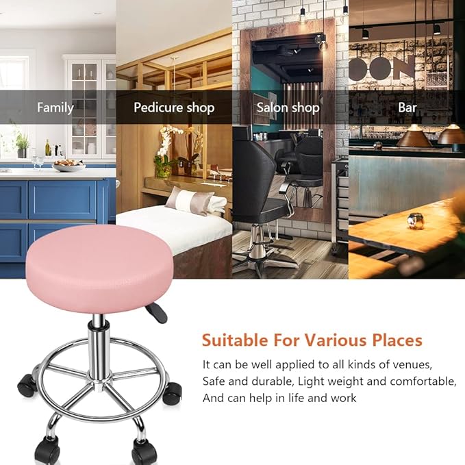 KKTONER PU Leather Round Rolling Stool with Foot Rest Swivel Height Adjustment Spa Drafting Salon Tattoo Work Office Massage Stools Task Chair Cushion 14 inches(Pink)