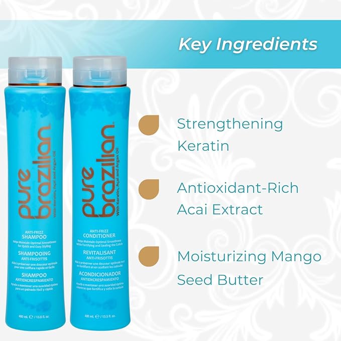 Pure Brazilian Anti-Frizz Daily Shampoo & Conditioner, Salt-Free & Color Safe, Enriched with Keratin, Argan Oil & Acai, 13.5 Ounce (400 Milliliter)