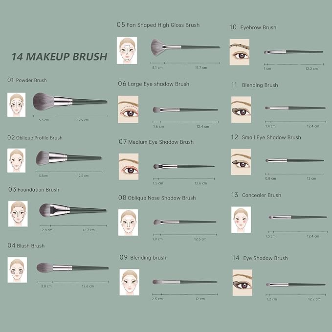Makeup Brushes With Bag 14PCs Professional Makeup Brush Set，Premium Synthetic Foundation Concealer Powder Blush Eyeshadow Eyebrow Blending Travel Make Up Brushes (Green)