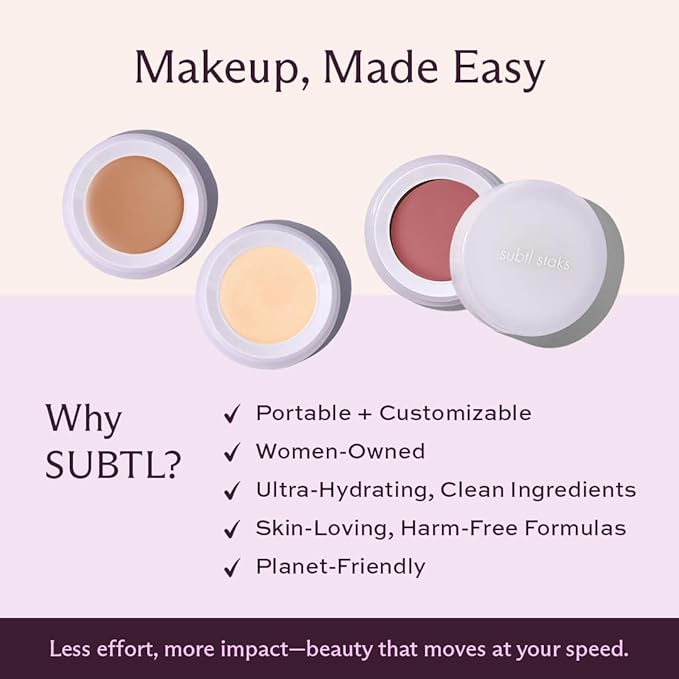 Subtl Beauty 3-in-1 Makeup Stack – Cream Bronzer, Powder Highlighter & Lip Glaze for On-the-Go Touch Ups – Lightweight, Travel-Friendly, Blendable Balm (Fair/Biscotti)