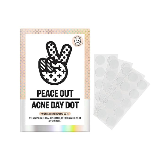 PEACE OUT Acne Day Dot, Sheer Acne Healing Dots, Virtually Invisible Wear, Hydrocolloid Pimple Patches Helps Clear Blemishes Quickly with Encapsulated Salicylic Acid, Retinol & Aloe Vera, 40 dots