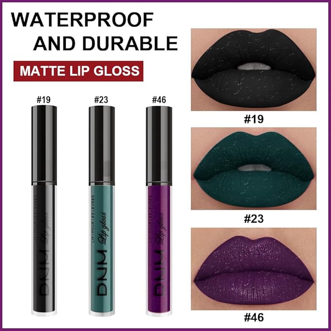 AMY'S DIARY Matte Dark Green Purple Black Plum Liquid Lipstick 3Pcs Sets,24-hour Lipstick Dark Deep Maroon Purple Plum black Lip Stain 24 Smudge Waterproof for Women (Set19)