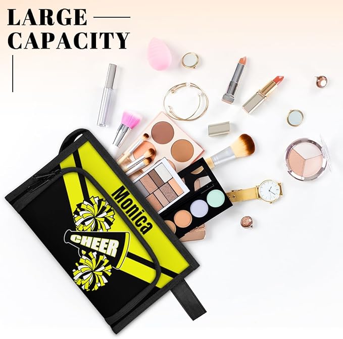 Custom-Makeup-Bag Personalized Travel Toiletry Bag Text Customized Cheer Makeup Bags Cosmetic Bags for Women With Divider & Handle Yellow