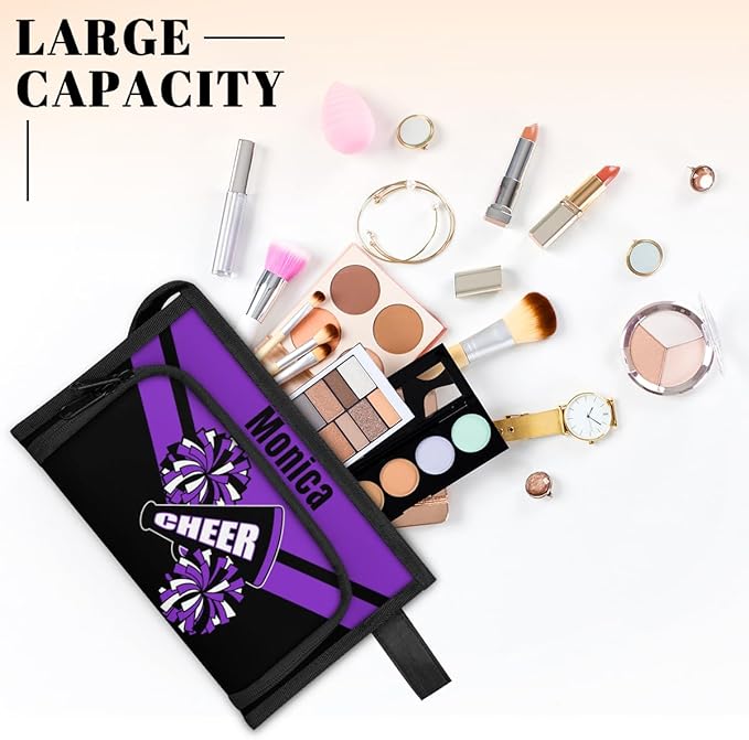 Custom-Makeup-Bag Personalized Travel Toiletry Bag Text Customized Cheer Makeup Bags Cosmetic Bags for Women With Divider & Handle Purple