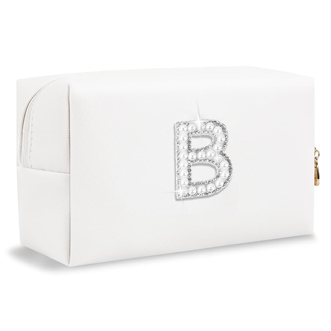 Bride Gifts – Personalized Initial Makeup Bag with Pearl Rhinestone Patch, Preppy White Monogram Cosmetic/Toiletry Pouch, bridesmaid Gifts, Bridal Shower Gifts, Wedding Gifts, Bridal Gifts,B