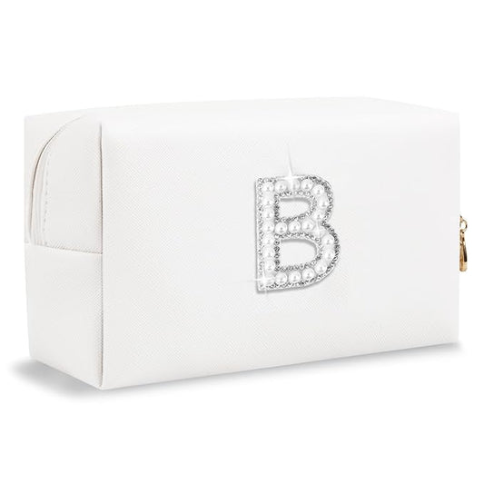 Bride Gifts – Personalized Initial Makeup Bag with Pearl Rhinestone Patch, Preppy White Monogram Cosmetic/Toiletry Pouch, bridesmaid Gifts, Bridal Shower Gifts, Wedding Gifts, Bridal Gifts,B