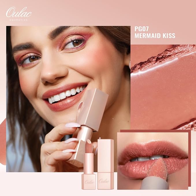 Oulac Moisturizing Peach Lipstick for Girls Moisture-Rich Tinted Lip Balm with Sparkle, Lightweight Lip Makeup, Shea Butter Formula, Vegan & Gluten Free, PG07 Mermaid Kiss