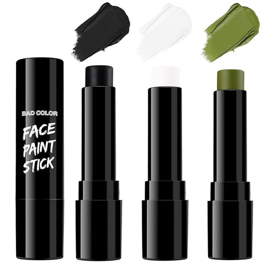 BADCOLOR 3PCS Black White Orge Green Face Body Paint Stick Makeup for Frankenstein/Witch/Grinch/Hulk/Alien/Demon/Evil Clown SFX Cosplay & Dress Up, Full-Coverage Halloween Facepaint Makeup Kit
