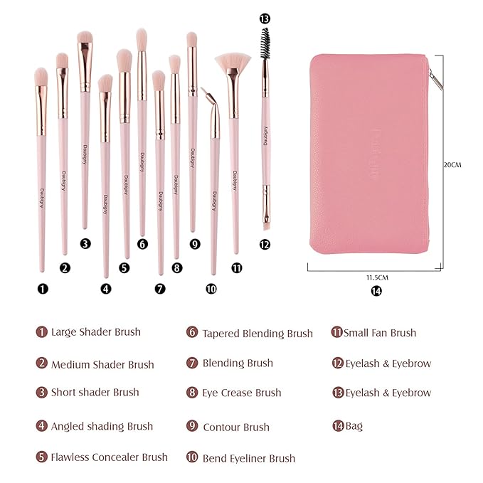 Daubigny Eye Makeup Brushes,12 PCS Professional Eye shadow, Concealer, Eyebrow, Foundation, Powder Liquid Cream Blending Brushes Set With Carrying Bag(Pink)