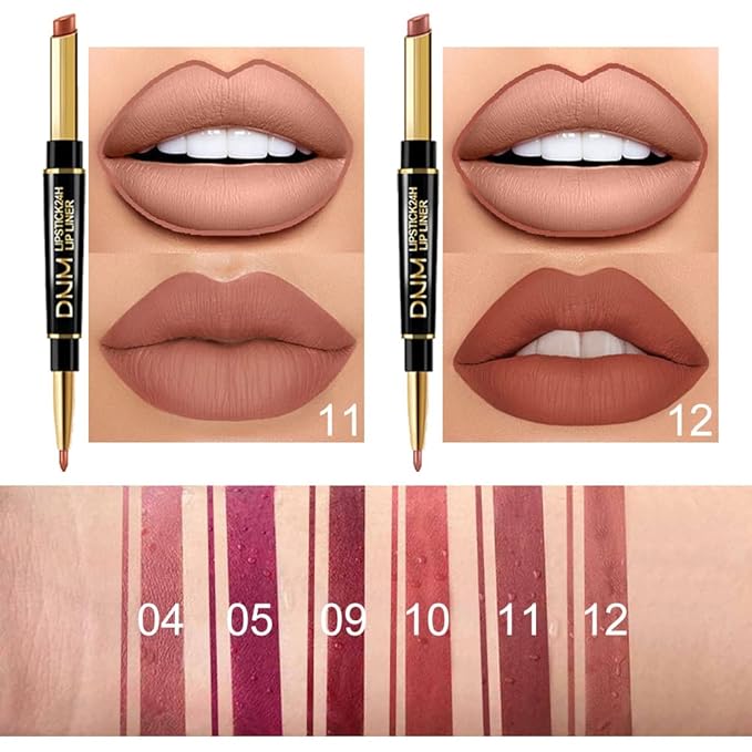 BINGBRUSH 6Pcs Double Ended Rose Wine Nude Brown Plum Purple Red Matte Lip Liner and Lipstick Makeup Combo Set for Women,Lipliner 24 Hours Original Waterproof Long Lasting Lip Stains Pencil Kit Set