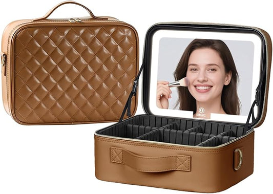 Makeup Case with LED Light Mirror,12 Inch Professional Portable Travel Cosmetic Organizer Bag with Adjustable Dividers, USB Charging, Large Capacity, Ideal for Travel, Gift for Women Girls