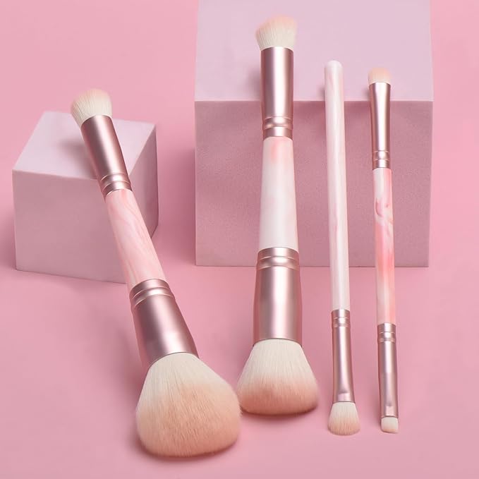 4PCS Pink Dual-Ended Makeup Brushes & Blending Sponge Set, Professional Foundation Concealer Eyeshadow Kabuki Brush with, for Liquid Powder Cream, Vegan & Cruelty-Free