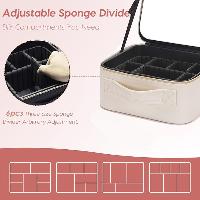 Travel Makeup Bag with LED Mirror – Waterproof Cosmetic Train Case with Adjustable Dividers, Portable Makeup Organizer and Toiletry Bag for Women, Pink Teens & Girls Gift