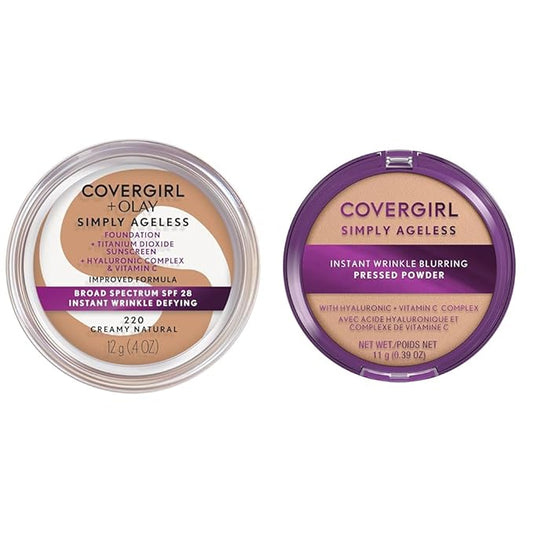 COVERGIRL Simply Ageless Instant Wrinkle-Defying Foundation Creamy Natural 0.44 Fl Oz & Instant Wrinkle Blurring Pressed Powder Classic Ivory 0.39 Oz