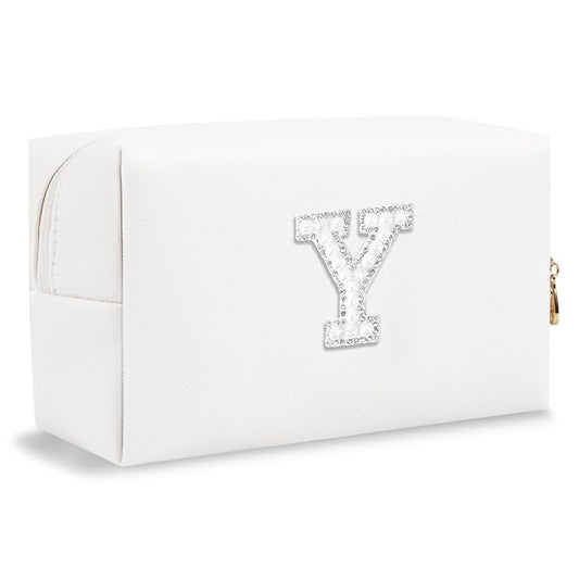 Bride Gifts – Personalized Initial Makeup Bag with Pearl Rhinestone Patch, Preppy White Monogram Cosmetic/Toiletry Pouch, bridesmaid Gifts, Bridal Shower Gifts, Wedding Gifts, Bridal Gifts,Y