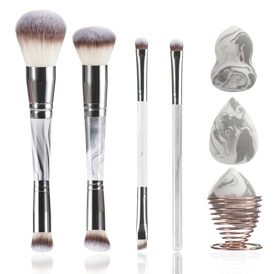 YJ-Anyue4PCS Dual-Ended Makeup Brushes & Blending Sponge Set, Professional Foundation Concealer Eyeshadow Kabuki Brush with, for Liquid Powder Cream, Vegan & Cruelty-Free