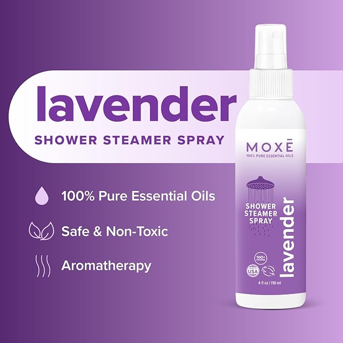 MOXE Shower Mist, Spa Steam Spray, Certified Natural Essential Oils, Aromatherapy, Calming Relief (Lavander and Eucalyptus, 4 Fl Oz (Pack of 2))