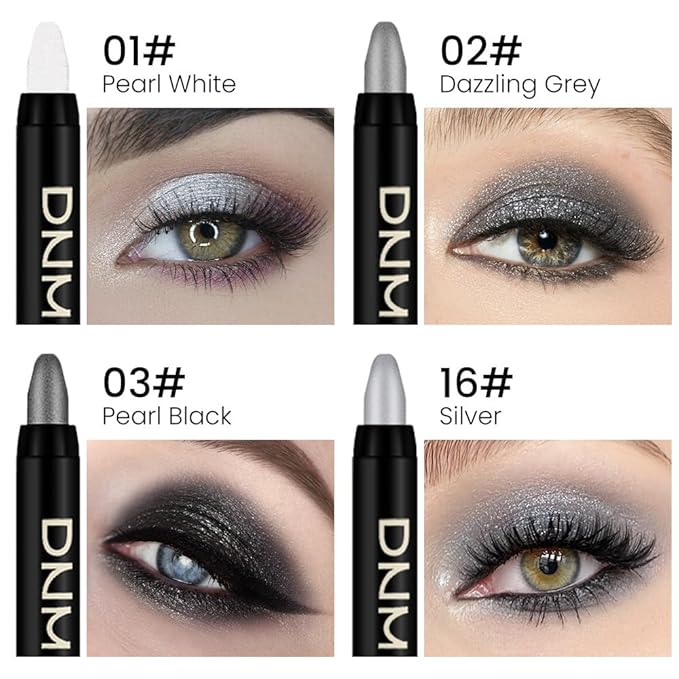 Kaely 4Pcs Metallic Shimmer Smoky Eye Shadow Sticks, Pearl White Dazzling Grey Gray Pearl Black Silver, Smokey Eyeliner Pencil Eyeshadow Palette Goth Halloween Makeup, Eye Brightener Stick for Women