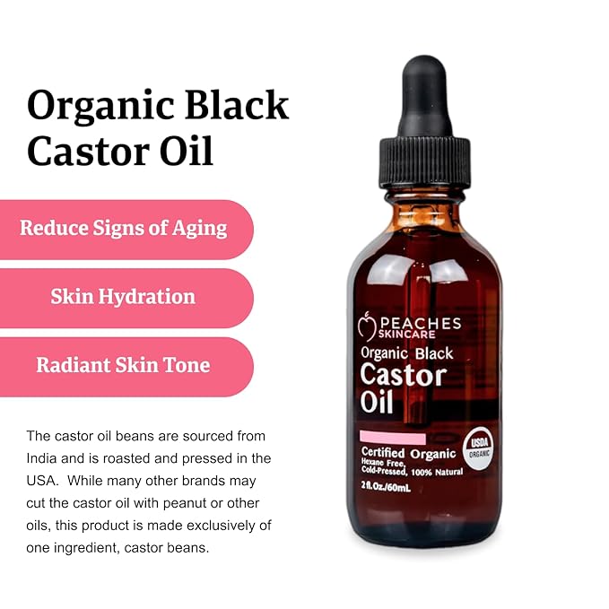 Organic Cold-Pressed Castor Oil – Hexane-Free, Vegan Formula with Omega-9, Omega-6, and Vitamin E – Hydrating Oil for Skin and Hair – Black Castor Oil (2 fl. oz)