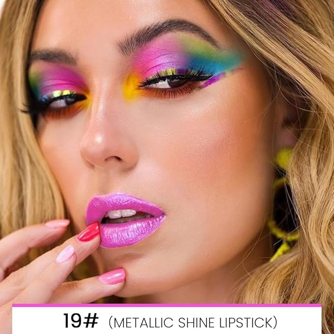 evpct 1Pcs Pink Metallic Shine Shimmer Lip Liner and Lipstick Combo Set Kit for Women, Lightweight Hydrating Formula High Impact Full Coverage Lipstick and Lip Liner Makeup Stains Gloss, 19#