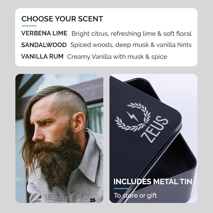 ZEUS Everyday Beard Kit for Men, Facial Hair Shampoo, Conditioner, Oil, Balm & Tin Gift Box, Premium Beard Care & Grooming Set (Made in USA) Sandalwood
