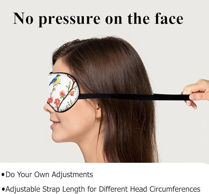 Cute Blue Birds Sleep Eye Mask Eye Cover Tree Branch Green Leaves Red Flower Silk Eye Mask for Sleeping with Adjustable Strap for Travel Nap Shift Work Office