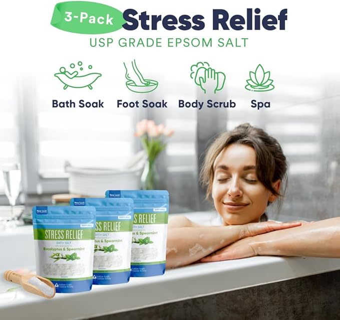 Stress Relief Bath Salt (3 Pack Plus Scoop) Epsom Salt Relaxing Bath with Eucalyptus and Spearmint Essential Oils Plus Vitamin C Crystals in BPA Free Pouch Made in USA 2 lbs Pouches 6 Lbs Total