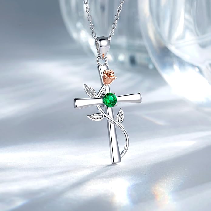Cross Necklace for Women, 925 Sterling Silver Birthstone Necklace for Women with Rose Flower Birthstone Womens Jewelry Birthday Gifts for Wife Women