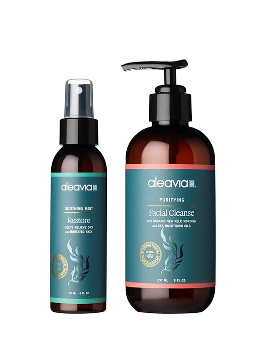 Aleavia Prebiotic Skin Restoration Kit – Nourish your Healthy Skin Microbiome with Prebiotic Ingredients – 8 oz. Purifying Facial Cleanse and 4 oz. Restore Soothing Mist
