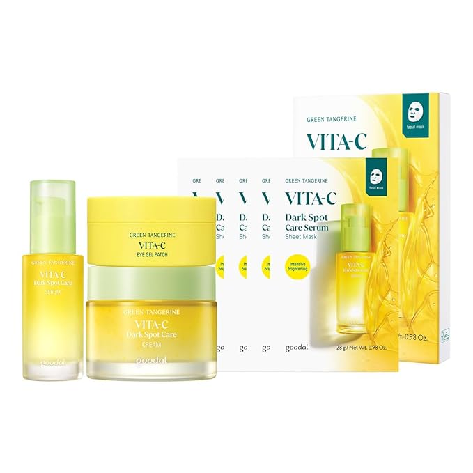 GOODAL Green Tangerine Vitamin C Glow Kit – Serum, Cream & Eye Patch Set | Korean Skincare for Dark Spots & Radiance | Get Sheet Mask 5-Pack for $4 with Bundle Purchase