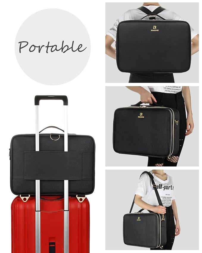 MONSTINA Large Makeup Travel Case Bag,Professional Makeup Artist Train Case with Brush organizer,Large Capacity Cosmetic Bag with Zipper Pocket and Adjustable Compartment（PU Leather Black）