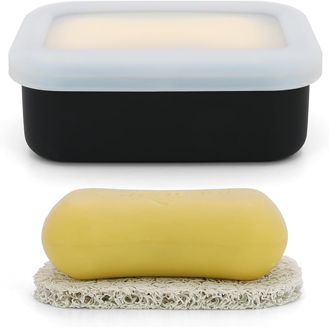 Enhanced Leak Proof Soap Box, Compact Silicone Soap Dish with Drainage Pad, Shampoo Bar Case for Travel, Camping, Gym and Dormitory (Black)