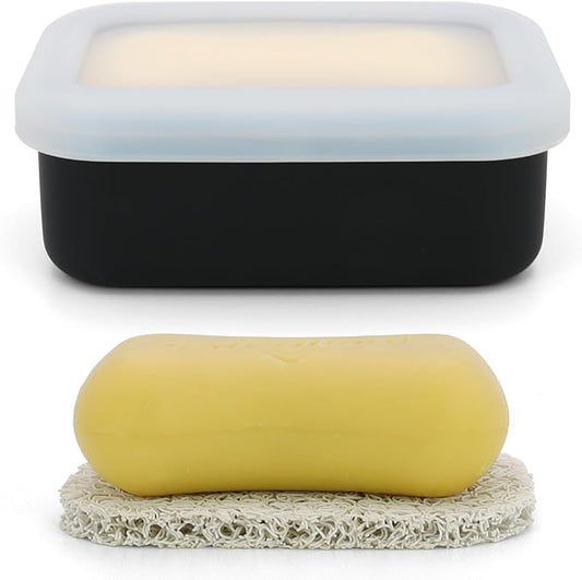 Enhanced Leak Proof Soap Box, Compact Silicone Soap Dish with Drainage Pad, Shampoo Bar Case for Travel, Camping, Gym and Dormitory (Black)