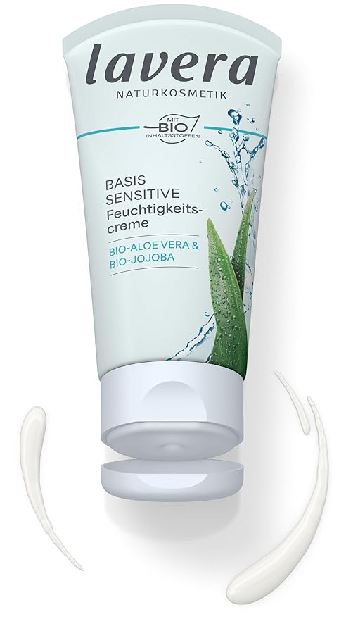 lavera Basis Sensitive Moisturizing Cream – Organic & Vegan Face Moisturizer with Aloe Vera & Shea Butter - Natural Skin Care for All Skin Types - 1.69 Fl Oz