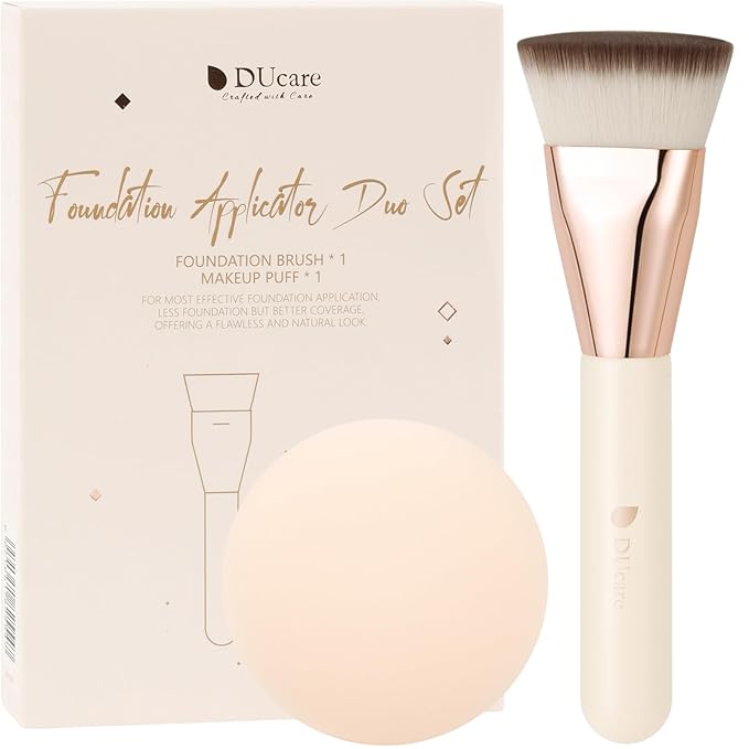 DUcare Foundation Brush for Liquid Makeup, Flat Top Professional Kabuki Brush with Puff Buffing Blending Mineral Powder Large Makeup Face Brush