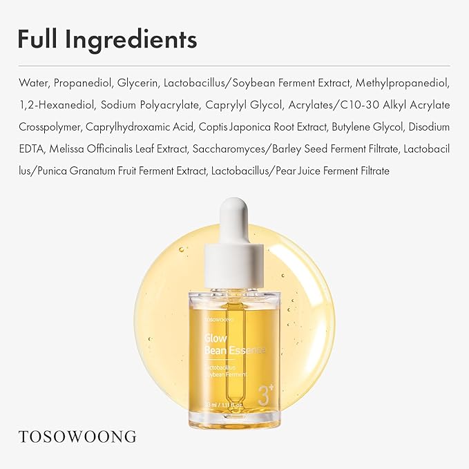 TOSOWOONG Glow Bean Essence, 31,025ppm Soybean Ferment Extract, Glass Skin, Exfoliating, Hydrating, Radiant, Moisturizer, Barrier, Face Serum, Korean Skin Care, 33ml / 1.11 fl. oz.