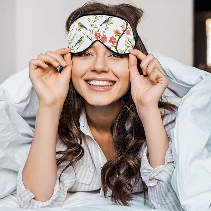 Cute Blue Birds Sleep Eye Mask Eye Cover Tree Branch Green Leaves Red Flower Silk Eye Mask for Sleeping with Adjustable Strap for Travel Nap Shift Work Office