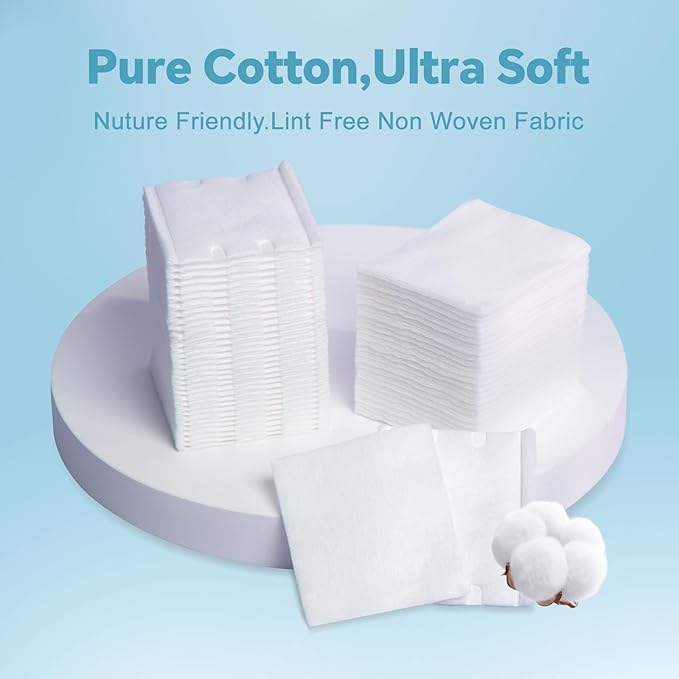 Square Cotton Pads for Face (1000 Count) - 100% Pure Cotton, Soft Lint-Free Makeup Remover Pads for Facial and Eye Use, Double-Sided Design to Save Water, Hypoallergenic (200 Thick & 800 Ultra-Thin)
