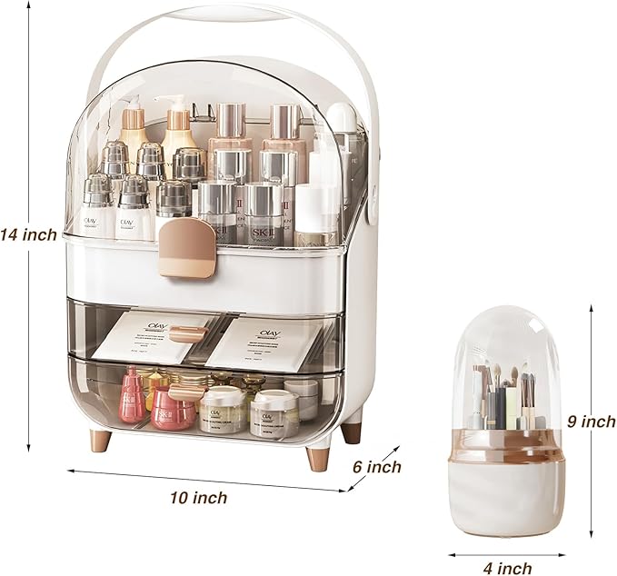 Cosmetics Organizer Set - Makeup Box with with Brush Holder, Skin Care Storage Organizer with Transparent Drawers and Cover, Portable Handle, Dust Proof Makeup Organizer for Vanity, White & Gold