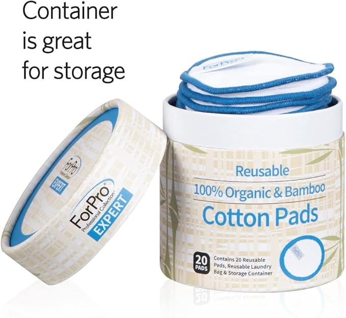 ForPro Professional Collection Expert Reusable Cotton Rounds (20 Pack), 100% Organic and Bamboo Makeup Remover Pads, Includes Drawstring Laundry Bag and Storage Container