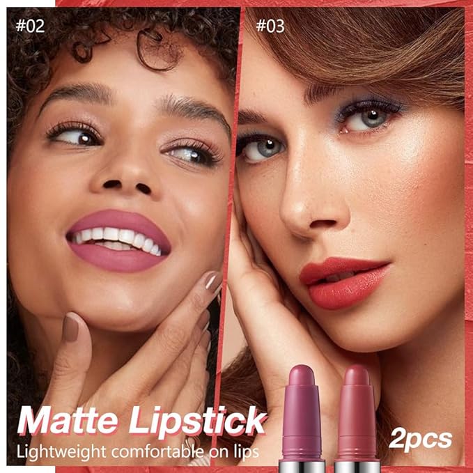 2Pcs Matte Lipstick Crayon Set for Women, Long Lasting Waterproof Velvet Lip Liner Pencil, High Pigment Creamy Lipstick, Longwear Non-Drying Lip Makeup Cruelty-free 24 Hours Original, 02#+03#