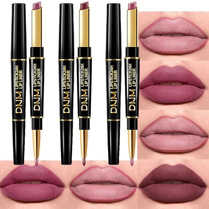 BINGBRUSH 3Pcs Double Ended Rose Chocolate Burgundy Red Matte Lip Liner and Lipstick Makeup Combo Set for Women,Lipliner 24 Hours Original Waterproof Long Lasting Lip Stains Pencil Kit Set