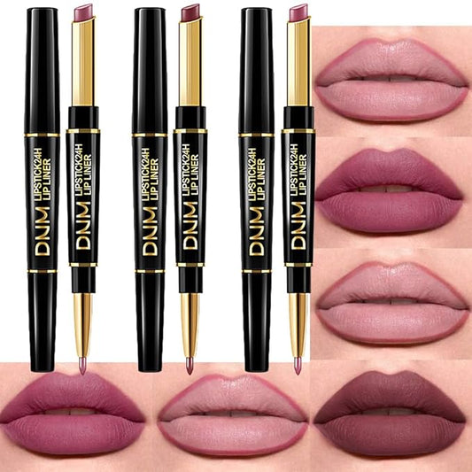 BINGBRUSH 3Pcs Double Ended Rose Chocolate Burgundy Red Matte Lip Liner and Lipstick Makeup Combo Set for Women,Lipliner 24 Hours Original Waterproof Long Lasting Lip Stains Pencil Kit Set