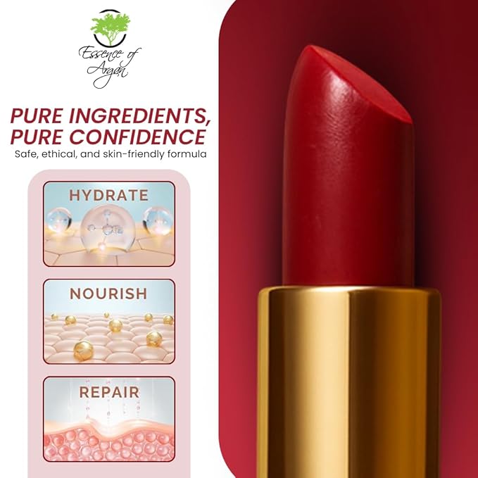 𝗘𝘀𝘀𝗲𝗻𝗰𝗲 𝗼𝗳 𝗔𝗿𝗴𝗮𝗻 Moisturizing Deep Red Lipstick, Tinted Lip Balm with Pure Organic Argan Oil, Shea Butter Lip care, Lip Moisturizer, Long Lasting Lipstick Cabernet