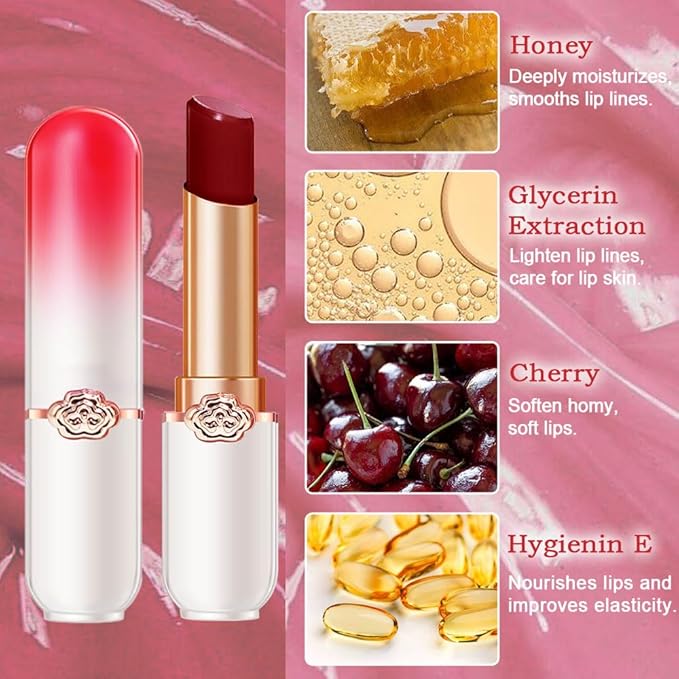 BINGBRUSH Peach Color Changing Lipstick,Moisturizer Long Lasting Lip Care Lip Balm Magic Lip Gloss Lip Tint Stain Gloss Set for Women (1pc Cherry)