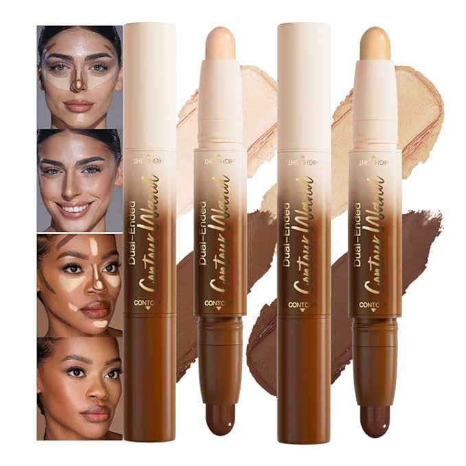 2Pcs Contour Stick Dual Ended Face Body Makeup Waterproof no Transfer, 2 in 1 Cream Concealer Stick Contouring Makeup Kit, Nose Contour Bronzer Sticks Face Highlighter Make up 22# + 24#