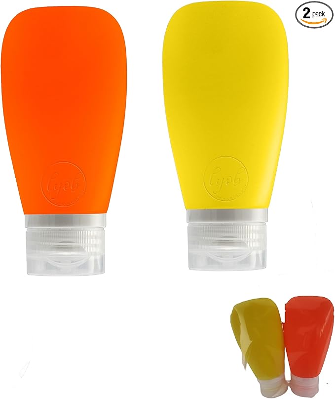 Travel Bottles for Toiletries, TSA Approved 3 oz Leak Proof Silicone Refillable Squeeze Travel Size Containers BPA Free for Cleansers, Lotions, Shampoo for Airplane 2pk (Orange,Yellow)