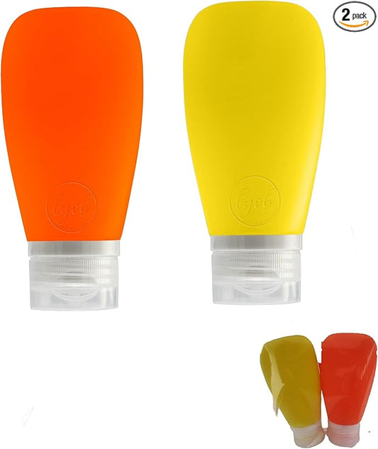Travel Bottles for Toiletries, TSA Approved 3 oz Leak Proof Silicone Refillable Squeeze Travel Size Containers BPA Free for Cleansers, Lotions, Shampoo for Airplane 2pk (Orange,Yellow)