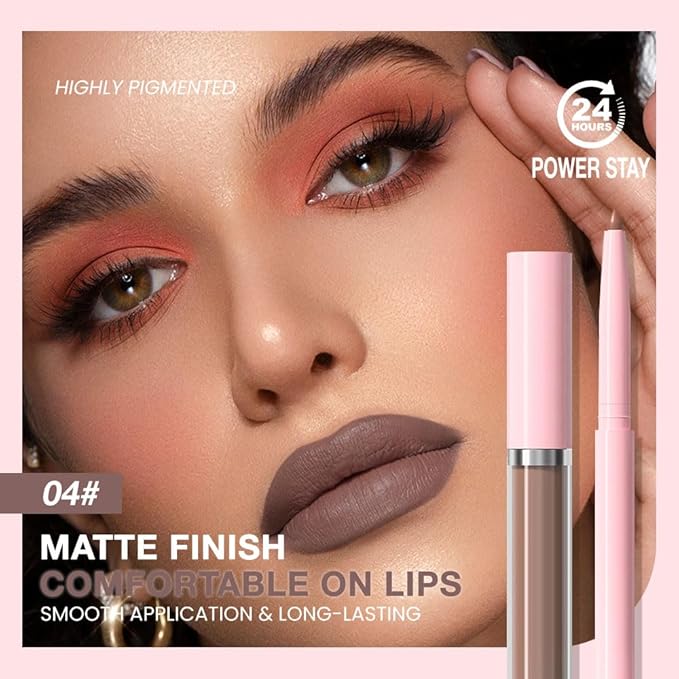 AMY'S DIARY 2pcs Taupe Lip Liner & Lipstick Makeup Set, Liquid Lipstick 24H and Lip Liner Set Matt Liquid Lips Make Up Waterproof Long Lasting (04#, 2 Pcs Set)